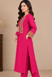 Rani Pink Multicolour Cashmilon Gamthi Embroidered Phiran - Free Size