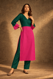 Set of 2: Green & Pink Glazed Cotton Kurta With Pants