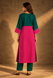 Set of 2: Green & Pink Glazed Cotton Kurta With Pants