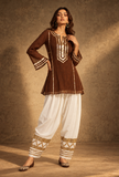 Set Of 2: Cocoa Charm Chanderi Kurta & Ivory Salwar Set with Golden Lace