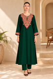 Set of 2: Green Cashmilon Kashmiri Embroidered Lace Phiran with Pants- Free Size
