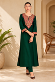 Set of 2: Green Cashmilon Kashmiri Embroidered Lace Phiran with Pants- Free Size