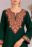 Set of 2: Green Cashmilon Kashmiri Embroidered Lace Phiran with Pants- Free Size