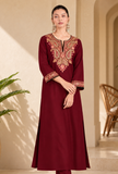 Red Cashmilon Kashmiri Embroidered Lace Phiran- Free Size