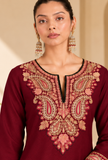 Red Cashmilon Kashmiri Embroidered Lace Phiran- Free Size