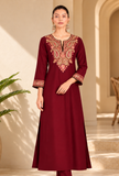 Red Cashmilon Kashmiri Embroidered Lace Phiran- Free Size