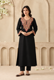 Set Of 2: Black Cashmilon Kashmiri Embroidered Lace Phiran with Pant- Free Size