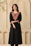 Black Cashmilon Kashmiri Embroidered Lace Phiran- Free Size