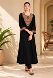 Set of 2: Black Cashmilon Kashmiri Embroidered Lace Phiran with Pant-Free Size