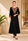 Set of 2: Black Cashmilon Kashmiri Embroidered Lace Phiran with Pant-Free Size