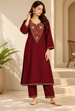 Set of 2: Rivaayat Ruby Maroon Cashmilon Kashmiri Embroidered Lace Phiran & Pant Set - Free Size
