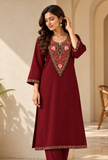 Rivaayat Ruby Maroon Floral Cashmilon Kashmiri Embroidered Lace Phiran - Free Size