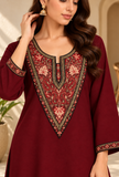 Rivaayat Ruby Maroon Floral Cashmilon Kashmiri Embroidered Lace Phiran - Free Size