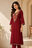 Rivaayat Ruby Maroon Floral Cashmilon Kashmiri Embroidered Lace Phiran - Free Size