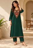 Set of 2: Jaismin Green Cashmilon Kashmiri Embroidered Lace Phiran & Pant Set – Free Size