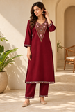 Set of 2: Wine Maroon Cashmilon Kashmiri Embroidered Lace Phiran & Pant Set – Free Size