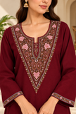 Set of 2: Wine Maroon Cashmilon Kashmiri Embroidered Lace Phiran & Pant Set – Free Size