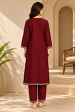 Set of 2: Wine Maroon Cashmilon Kashmiri Embroidered Lace Phiran & Pant Set – Free Size