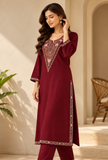 Wine Maroon Cashmilon Kashmiri Embroidered Lace Phiran – Free Size