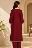 Wine Maroon Cashmilon Kashmiri Embroidered Lace Phiran – Free Size