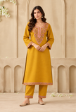 Set of 2: Bahar Mustard Yellow Cashmilon Kashmiri Embroidered Lace Phiran & Pant Set – Free Size