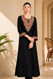 Black Cashmilon Zari-Paisley Kashmiri Embroidered Lace Phiran- Free Size