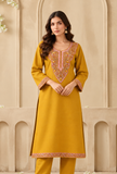 Mustard Yellow Cashmilon Kashmiri Embroidered Lace Phiran – Free Size