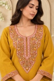 Mustard Yellow Cashmilon Kashmiri Embroidered Lace Phiran – Free Size