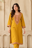Mustard Yellow Cashmilon Kashmiri Embroidered Lace Phiran – Free Size