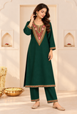 Set of 2: Kanak Green Cashmilon Kashmiri Embroidered Lace Phiran & Pant Set – Free Size