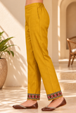 Mustard Cashmilon Kashmiri Embroidered Lace Straight-Fit Pants With Pockets