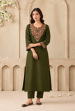 Set Of 2: Olive Green Cashmilon Kashmiri Embroidered Lace Phiran with Pant- Free Size