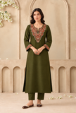 Set Of 2: Olive Green Cashmilon Kashmiri Embroidered Lace Phiran with Pant- Free Size