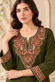 Set Of 2: Olive Green Cashmilon Kashmiri Embroidered Lace Phiran with Pant- Free Size