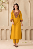 Set Of 2: Mustard Gold Cashmilon Kashmiri Embroidered Lace Phiran With Pant- Free Size