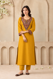 Set Of 2: Mustard Gold Cashmilon Kashmiri Embroidered Lace Phiran With Pant- Free Size