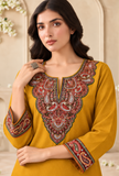 Set Of 2: Mustard Gold Cashmilon Kashmiri Embroidered Lace Phiran With Pant- Free Size