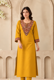 Mustard Gold Cashmilon Kashmiri Embroidered Lace Phiran- Free Size