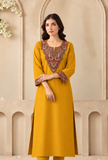 Mustard Gold Cashmilon Kashmiri Embroidered Lace Phiran- Free Size