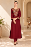 Set Of 2: Maroon Cashmilon Kashmiri Embroidered Lace Phiran with Pants- Free Size