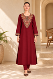 Set Of 2: Maroon Cashmilon Kashmiri Embroidered Lace Phiran with Pants- Free Size