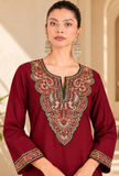 Set Of 2: Maroon Cashmilon Kashmiri Embroidered Lace Phiran with Pants- Free Size