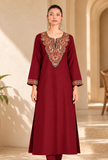 Maroon Cashmilon Kashmiri Embroidered Lace Cashmilon Phiran- Free Size