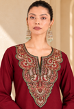 Maroon Cashmilon Kashmiri Embroidered Lace Cashmilon Phiran- Free Size