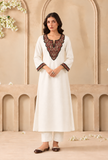 Set Of 2: Ivory Elegance Cashmilon Kashmiri Embroidered Lace Phiran with Pants- Free Size