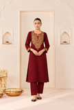 Set Of 2: Burgundy Royale Cashmilon Kashmiri Embroidered Lace Phiran with Pants-Free Size