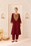 Set Of 2: Burgundy Royale Cashmilon Kashmiri Embroidered Lace Phiran with Pants-Free Size