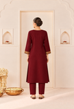 Set Of 2: Burgundy Royale Cashmilon Kashmiri Embroidered Lace Phiran with Pants-Free Size