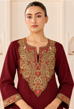 Set Of 2: Burgundy Royale Cashmilon Kashmiri Embroidered Lace Phiran with Pants-Free Size