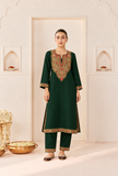 Set Of 2: Emerald Royale Cashmilon Kashmiri Embroidered Lace Phiran with Pants- Free Size